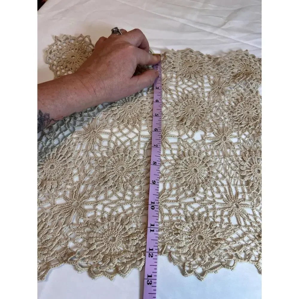 Vintage Handmade Crochet Doily Champagne Beige Floral Lace Square 14.5x12